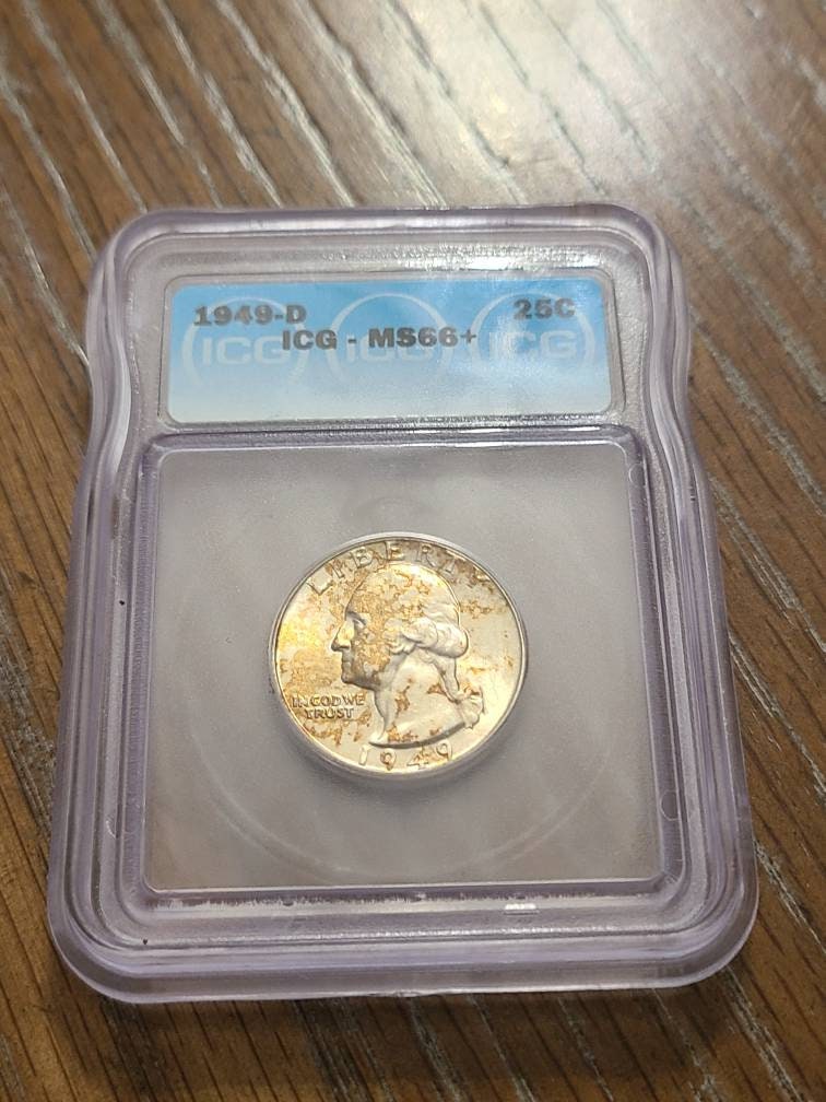 1949d Washington Silver Quarter coin, uncirculated ICG graded ms66+ gem coin with gorgeous mint toning yellow and green, gifts for him