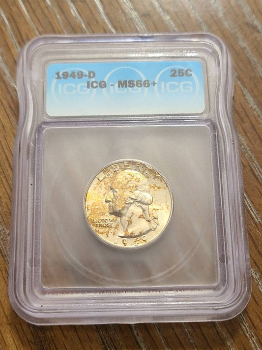 1949d Washington Silver Quarter coin, uncirculated ICG graded ms66+ gem coin with gorgeous mint toning yellow and green, gifts for him