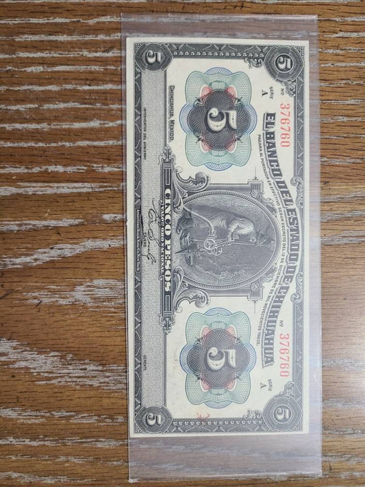 Authentic Mexican state of chihuahua,  1913 5 pesos bank note, crisp uncirculated foreign currency note