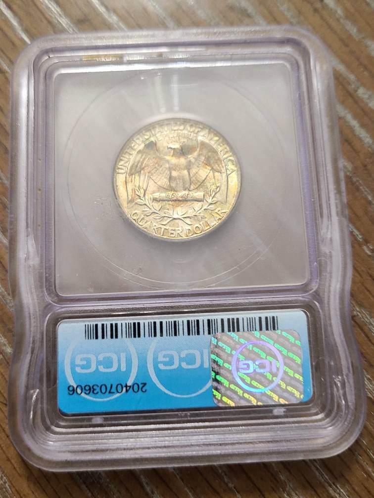1950d Washington Silver Quarter coin, uncirculated ICG graded ms66+ gem coin with gorgeous mint toning, 90 percent silver for him holiday