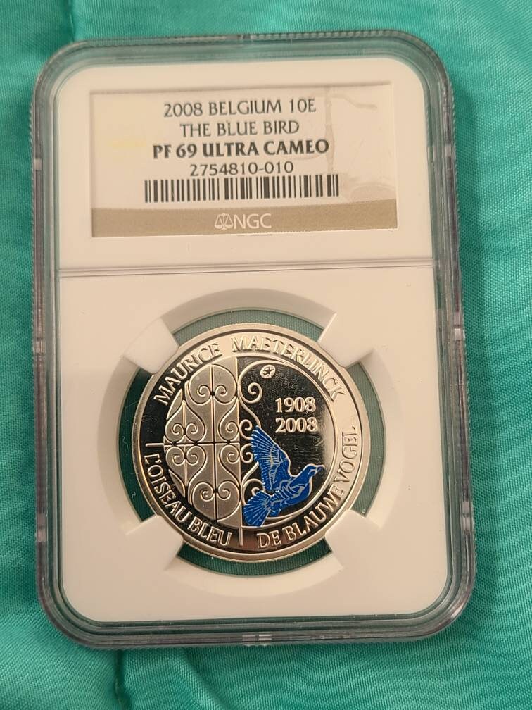 Belgium 10 euro blue bird, super rare silver coin, ngc graded proof69 top pop coin collecting