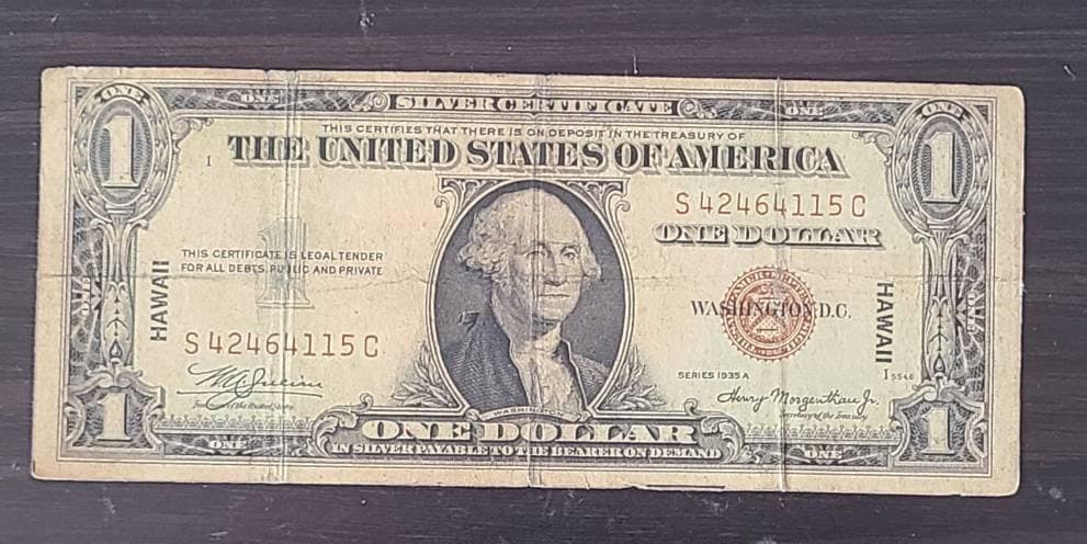 1935 Hawaii emergency issue one dollar note, rare paper money,  comes with free gift high grade 1957 silver bill, gift for him holiday 2022