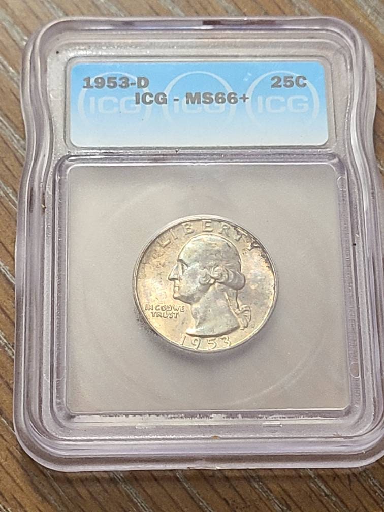 1953d Washington Silver Quarter coin, uncirculated ICG graded ms66+ gem coin with gorgeous mint toning