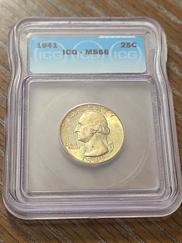 1941d Washington Silver Quarter coin, uncirculated ICG graded ms66+ gem coin with gorgeous mint toning