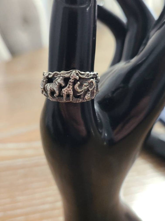 Vintage unisex statement ring, sterling silver size 8 jewelry with beautiful handcrafted animals design , solid silver gift for her