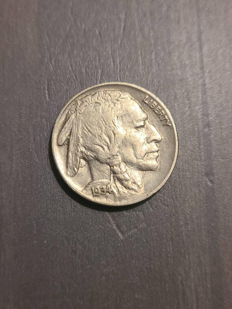 1934 buffalo nickel, beautiful almost uncirculated antique American coin colleting, full horn old rare us money gifts for him