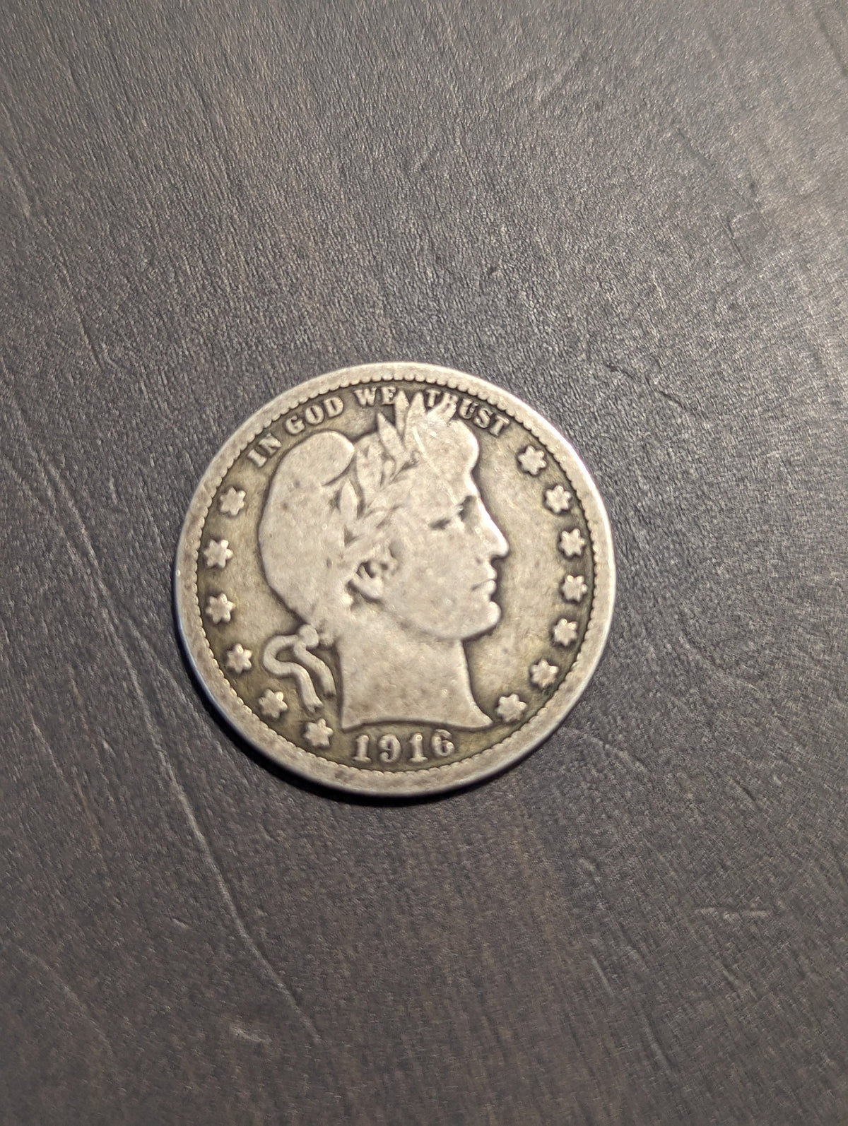 1916d barber silver quarter,  very good, last year of issue denver mint