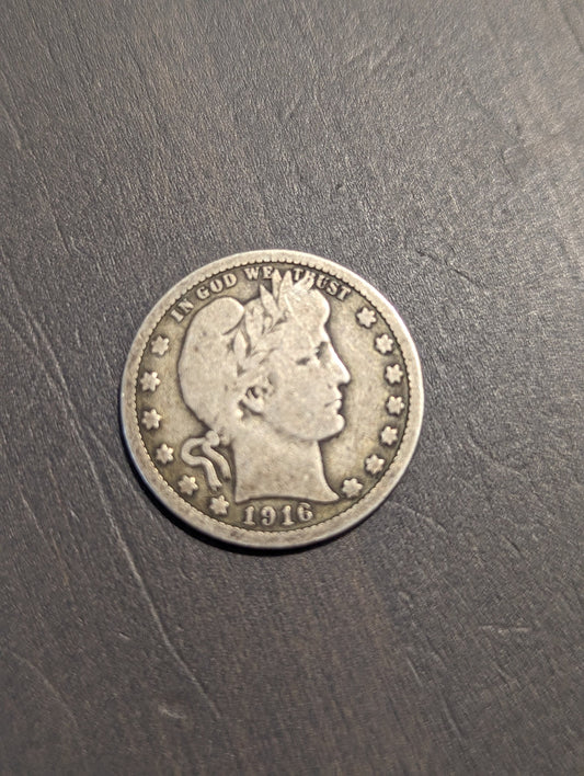 1916d barber silver quarter,  very good, last year of issue denver mint