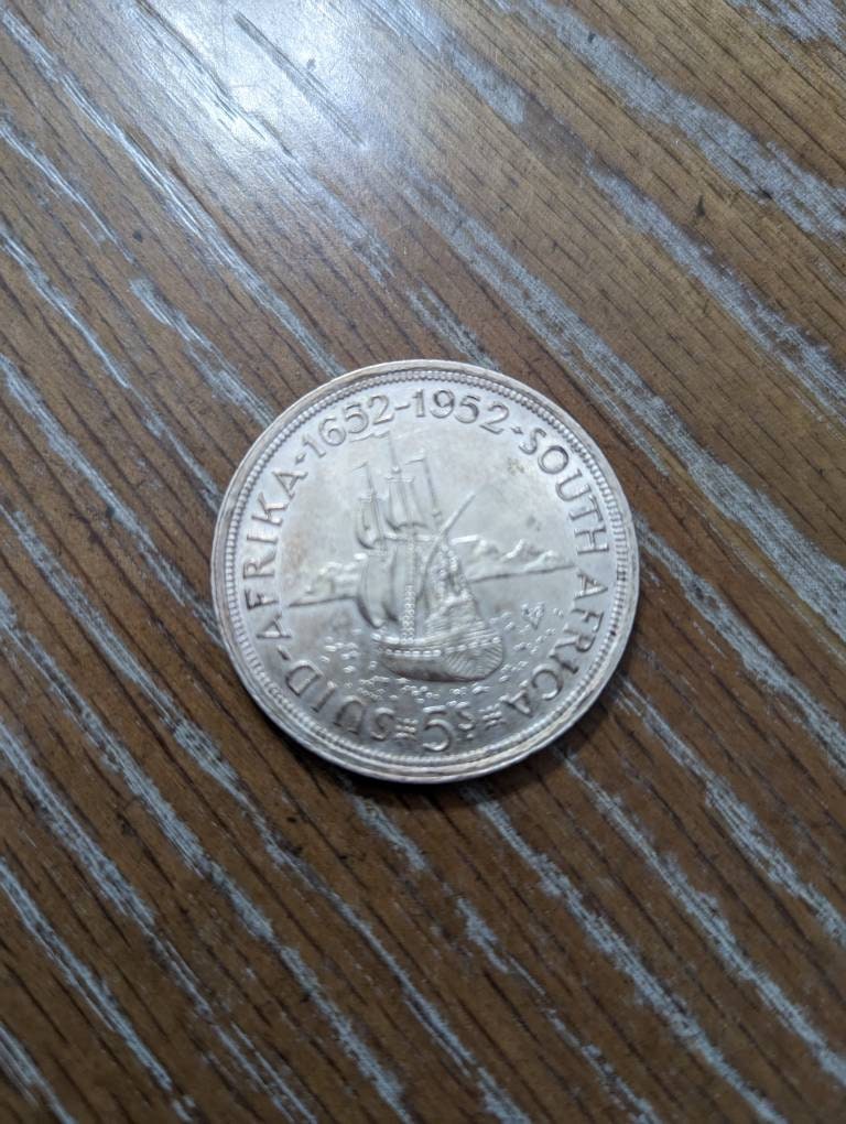 1952 south Africa 5 shilling silver coin toned high grade collectible mid century large silver coin, foreign coin collecting, gifts for him
