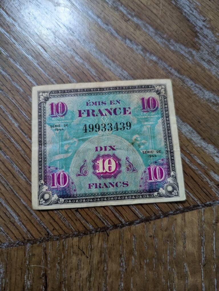 1944 French world war collectible  10 francs military payment certificate, collectible foreign money