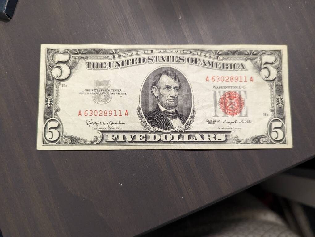 1963 five dollar red seal currency note rare high grade, old Americana paper money