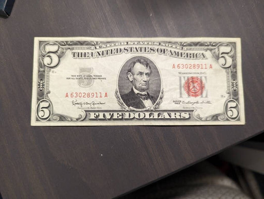 1963 five dollar red seal currency note rare high grade, old Americana paper money
