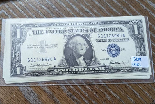 1957 gem Uncircumcised 1957 one dollar silver certificate bills, one random from my collection, stunning old paper money