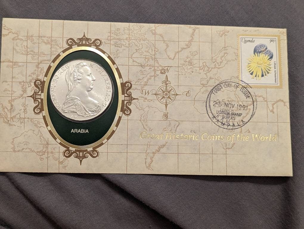 1780x restrike Austria thaler, large solid silver coin in commemorative set with stamp and envelope