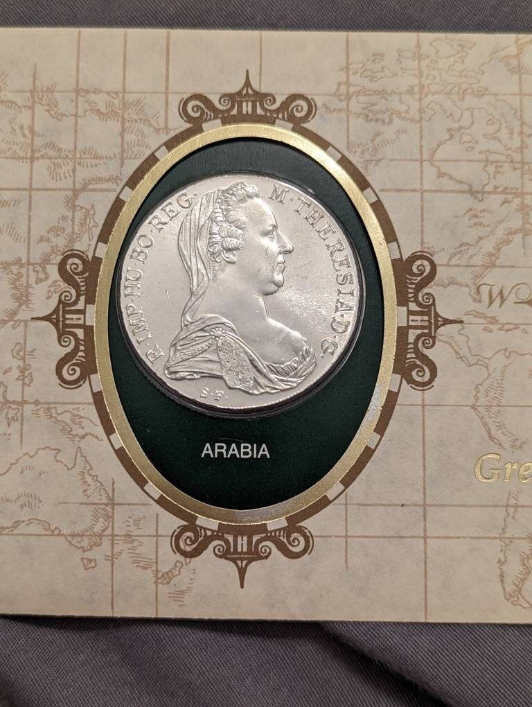 1780x restrike Austria thaler, large solid silver coin in commemorative set with stamp and envelope