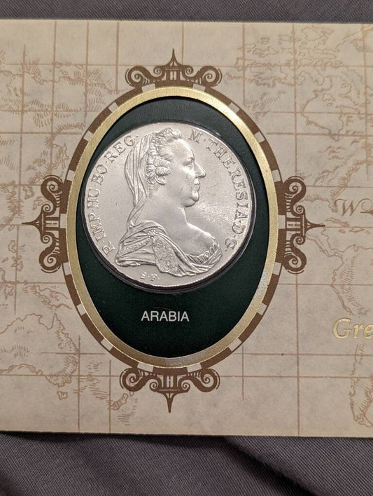 1780x restrike Austria thaler, large solid silver coin in commemorative set with stamp and envelope