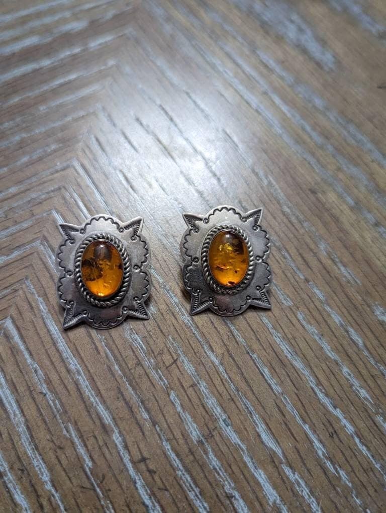 J. Linkin signed sterling silver amber artisan earring pair, vintage authentic Navajo southwestern jewelry gift
