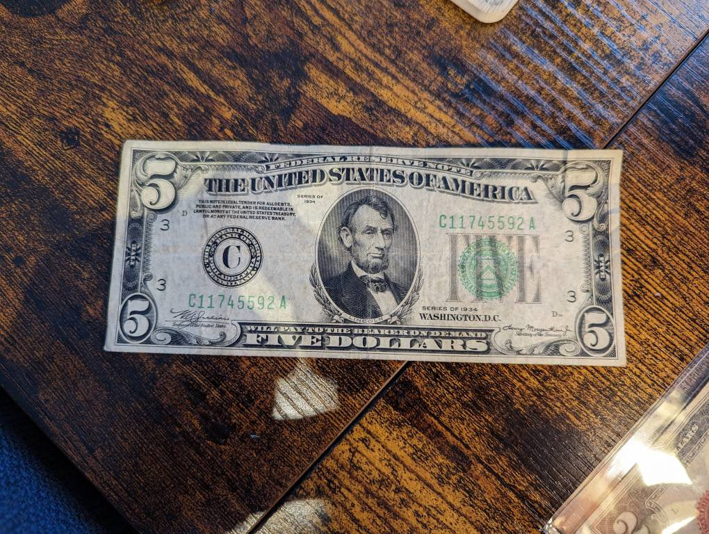 1934d 5 dollar silver certificate, antique blue seal five dollar bill