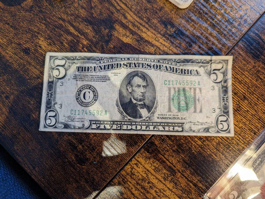 1934d 5 dollar silver certificate, antique blue seal five dollar bill