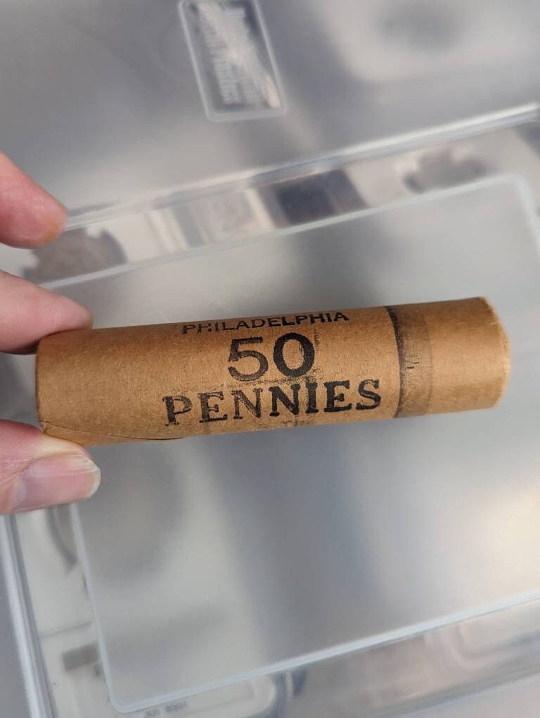 1969 and 1974 Lincoln penny, original unopened beautiful uncirculated bank roll, bright red original cent, gifts for him, us coin collecting