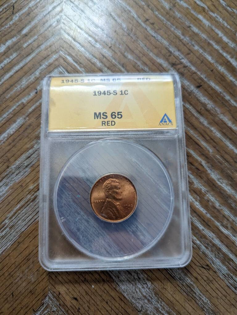 1945s Lincoln cent graded ms65rd, special gem Uncircumcised, anacs graded wheat penny