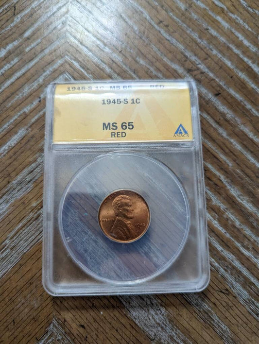 1945s Lincoln cent graded ms65rd, special gem Uncircumcised, anacs graded wheat penny