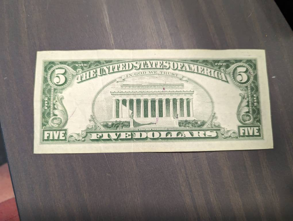 1963 high grade red seal 5 dollar bill, antique silver certificate bill, great currency collectible