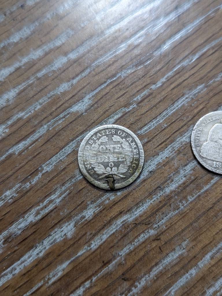 Two 1800s Americana silver seated liberty dime coins, antique rare us coin collecting, new Orleans mint