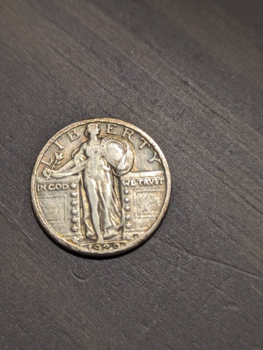 1929 standing liberty quarter, 90% silver, us coin collecting, gifts for him, very attractive