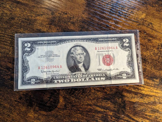 1963 red seal two dollar bill, crisp high grade vintage currency lucky 2 dollar bill