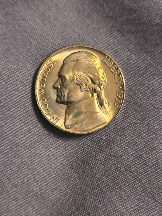 1953s semi key date mint state business strike Jefferson nickel coin, Gem BU fresh from original bank roll