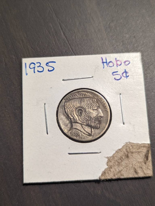 1935 Hobo nickel. Authentic artist antique carved Americana, really cool piece of American history, gifts for him