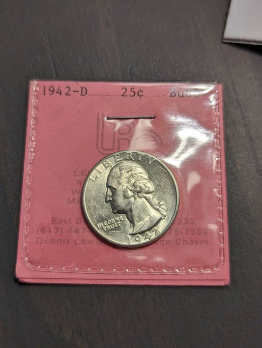 1942d Washington Silver Quarter coin, uncirculated tough date  coin with gorgeous mint flair, gifts for him