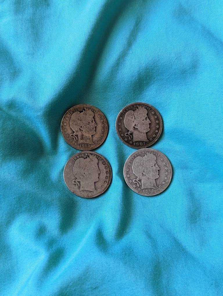 4 Barber silver quarter random date barber early silver quarter,  coin collecting, 90 percent silver constitutional coins, gifts for him