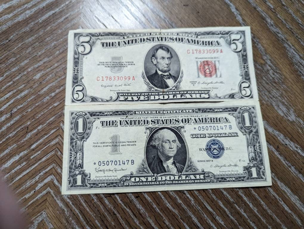 1957 choice high grade one dollar star note  silver certificate, 1953b five dollar bill plus bonus
