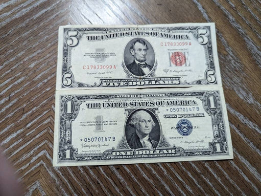 1957 choice high grade one dollar star note  silver certificate, 1953b five dollar bill plus bonus