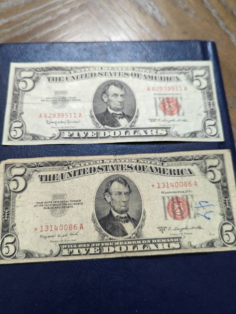 Two 1950s five dollar, one is a star note, red seal notes plus bonus gift