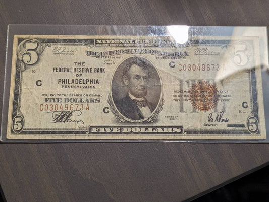 1929 national bank note high grade red seal 5 dollar bill, antique silver certificate bill, great currency collectible