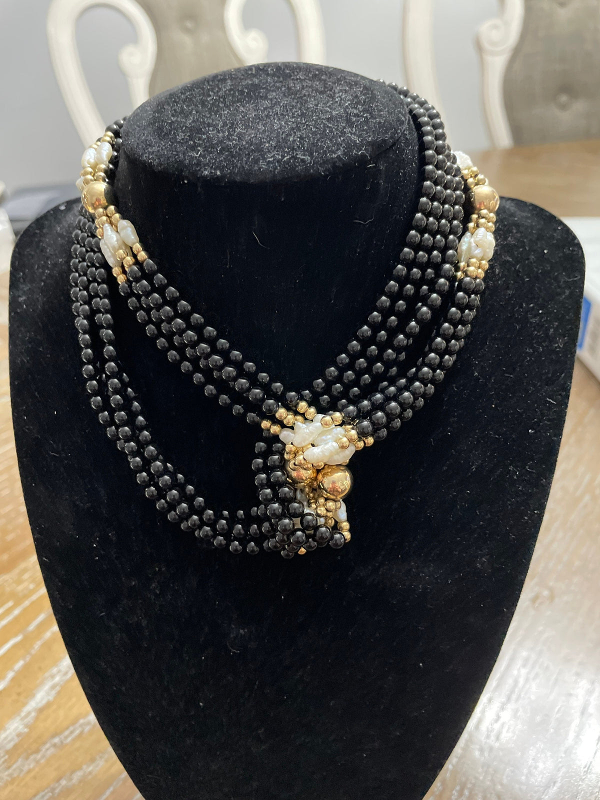 14k yellow gold 30 inch Gold,Pearl,Onyx Necklace statement necklace