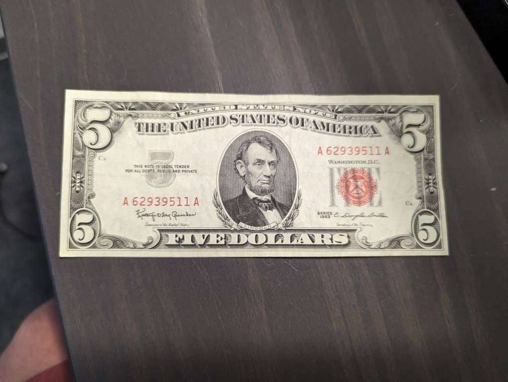 1963 high grade red seal 5 dollar bill, antique silver certificate bill, great currency collectible