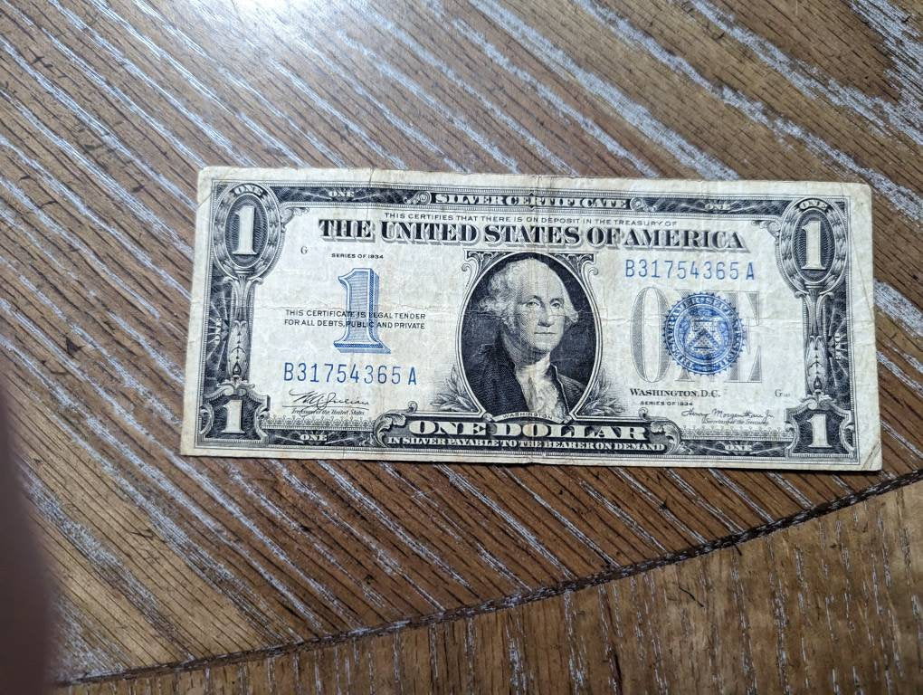 1934 funny back silver certificate note,  antique American currency one dollar bill, old us rare money note, gifts for him 2022 holiday