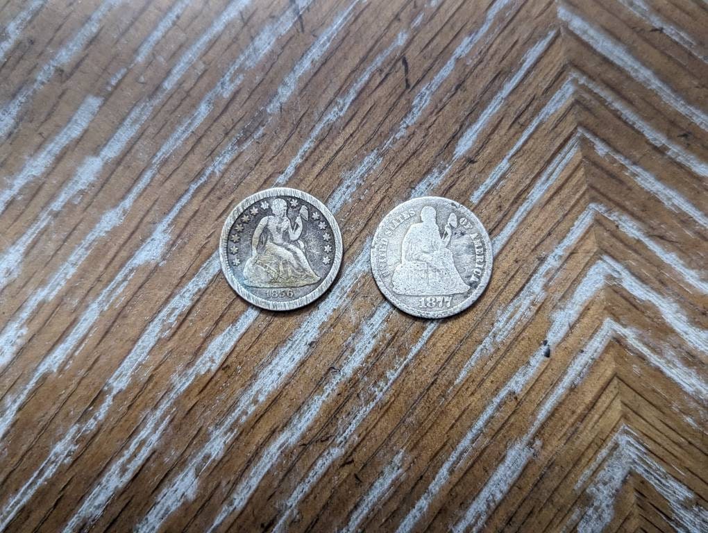 Two 1800s Americana silver seated liberty dime coins, antique rare us coin collecting, new Orleans mint