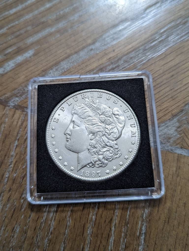 1897s brilliant UNC morgan silver dollar coin,  authentic antique American currency, semi key date,  gifts for him beautiful