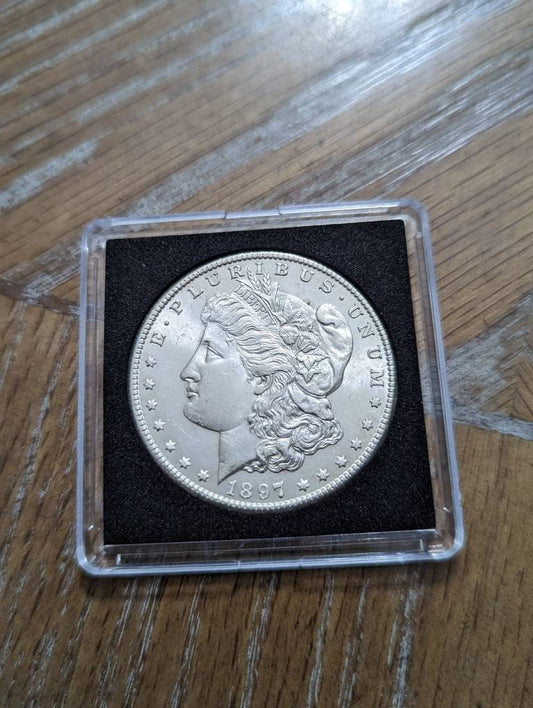 1897s brilliant UNC morgan silver dollar coin,  authentic antique American currency, semi key date,  gifts for him beautiful