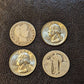 Us silver quarters lot, antique circulated American 90 percent silver coins, two uncirculated Washington quarters, a barber and a standing