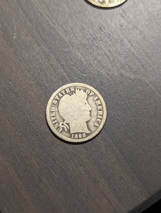 1898s semi key date barber dime  90 percent silver antique Americana barber, rare date coin collecting