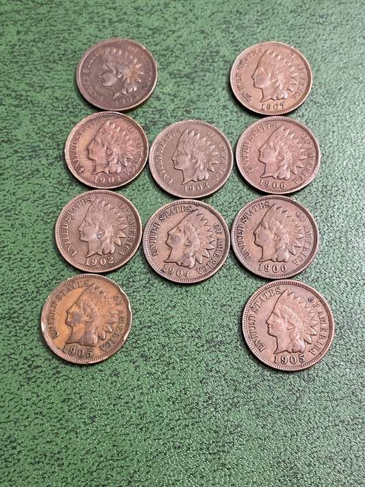 10 Indian head pennies collectible old coins