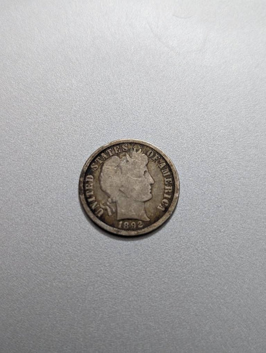 1892 barber silver dime, first year of issue, 1800s antique 90 percent silver coin