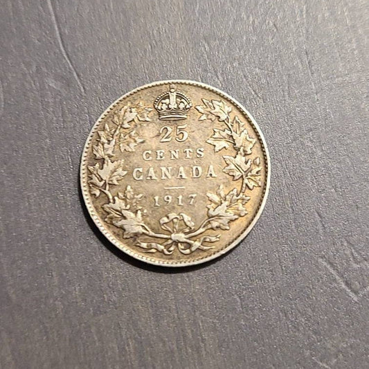 1917 Canada sterling silver quarter, great condition 25 cent piece coin, antique foreign world coin king George  money