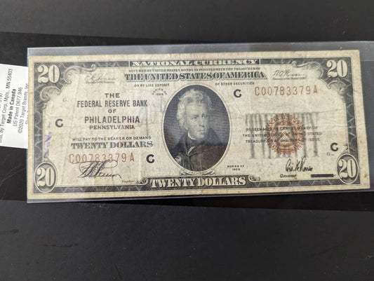1929 20 dollar antique bill, federal reserve note,  redemption certificate bill, Philadelphia Pennsylvania bank